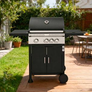 Barbecue a gas da esterno con potenza di 11,5 kW, compatibile con butano e propano, 3 bruciatori principali più 1 laterale.