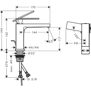 Mitigeur lavabo Tecturis E 110 EcoSmart+ avec tirette et vidage, Noir mat