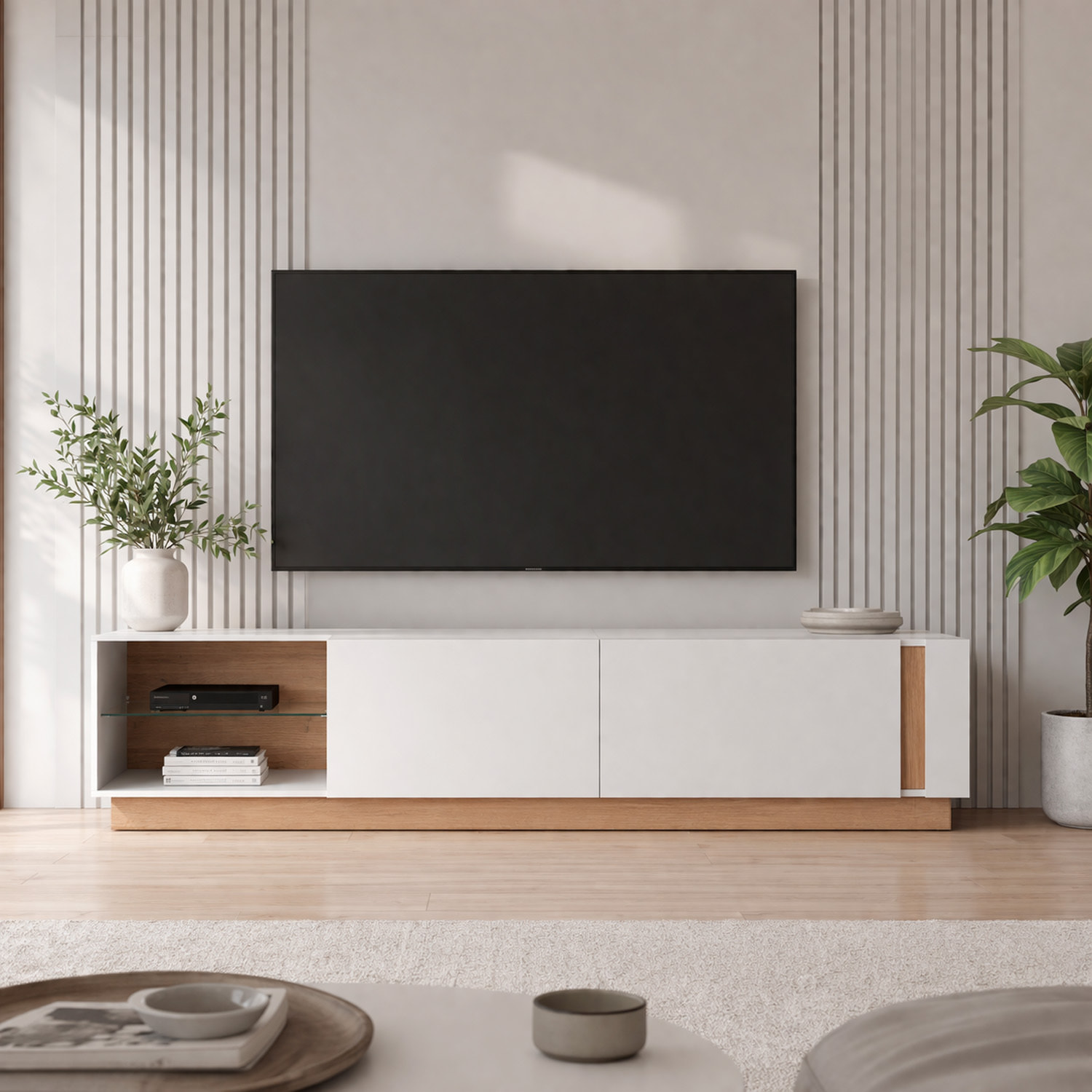 Porta TV Mobile Soggiorno Mobiletto Moderno Con Anta A gola E Vano Con Ripiano In Vetro Salvaspazio 45.5 x 40 x 187.5 Cm Bianco Lucido E Rovere