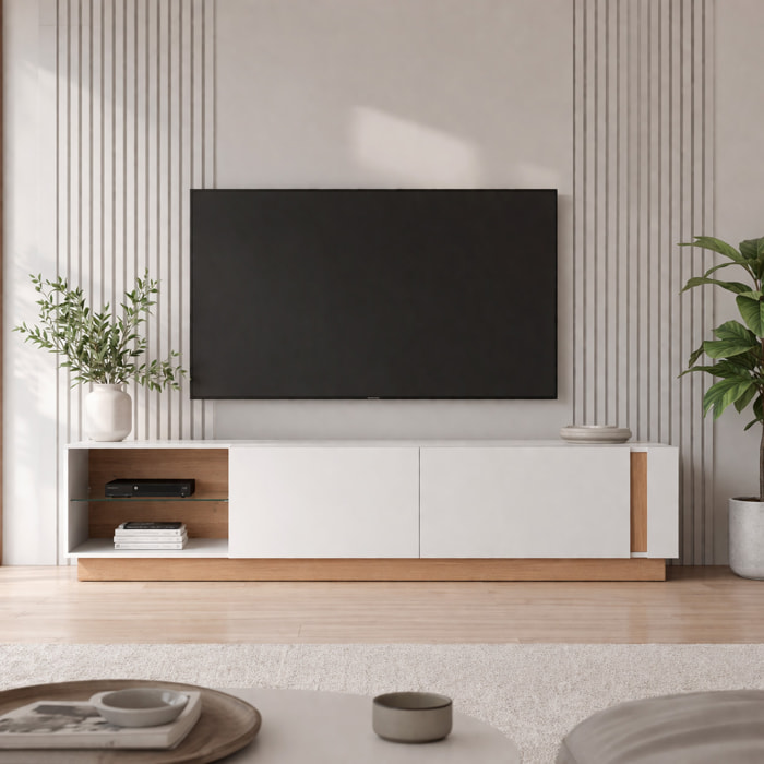 Porta TV Mobile Soggiorno Mobiletto Moderno Con Anta A gola E Vano Con Ripiano In Vetro Salvaspazio 45.5 x 40 x 187.5 Cm Bianco Lucido E Rovere