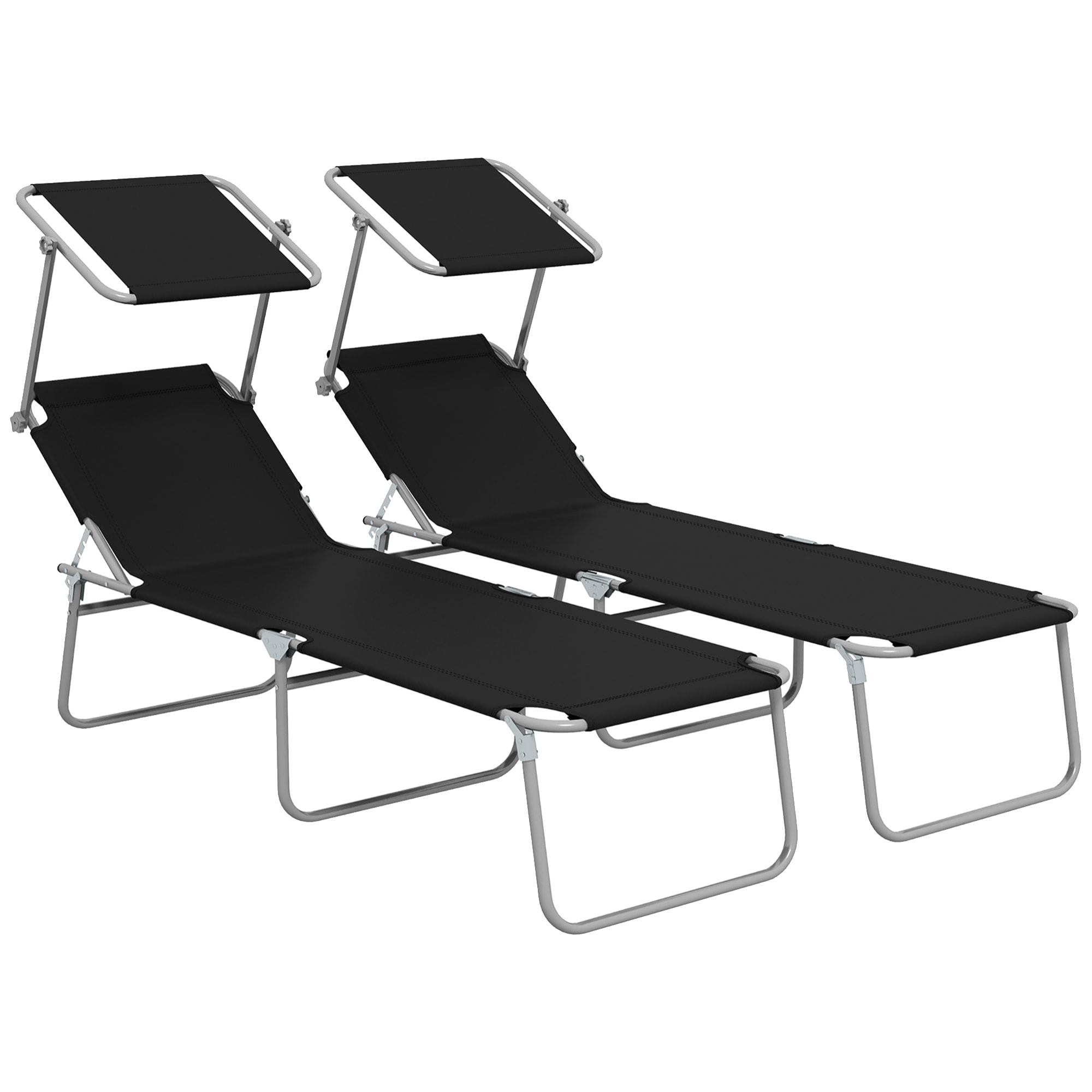 Conjunto de 2 Tumbonas Plegables Tumbonas de Jardín con Toldo Desmontable y Ajustable Respaldo Regulable en 4 Niveles Carga 120 kg para Playa Terraza 187x58x36 cm Negro