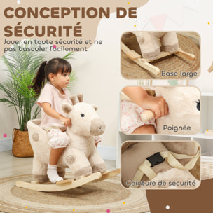 Cheval à bascule en peluche - jouet à bascule girafe - poignées, siège, ceinture réglable - beige