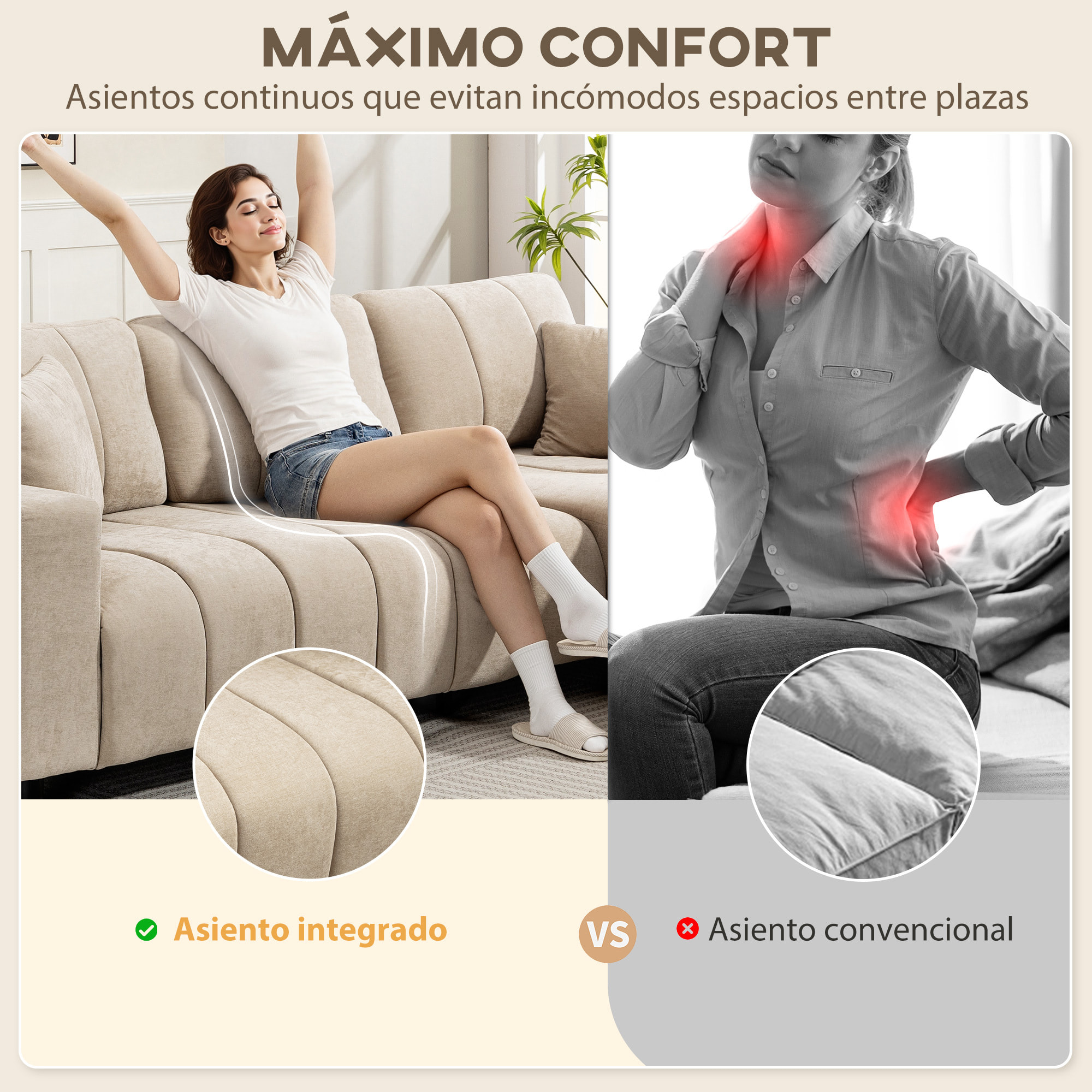 Sofá Chaise Longue Reversible, Sofá Esquinero en Forma de L de 3 Plazas, 2 Almohadas, Tapizado en Lino, Marco de Acero, para Salón, 242x156x87 cm, Beige