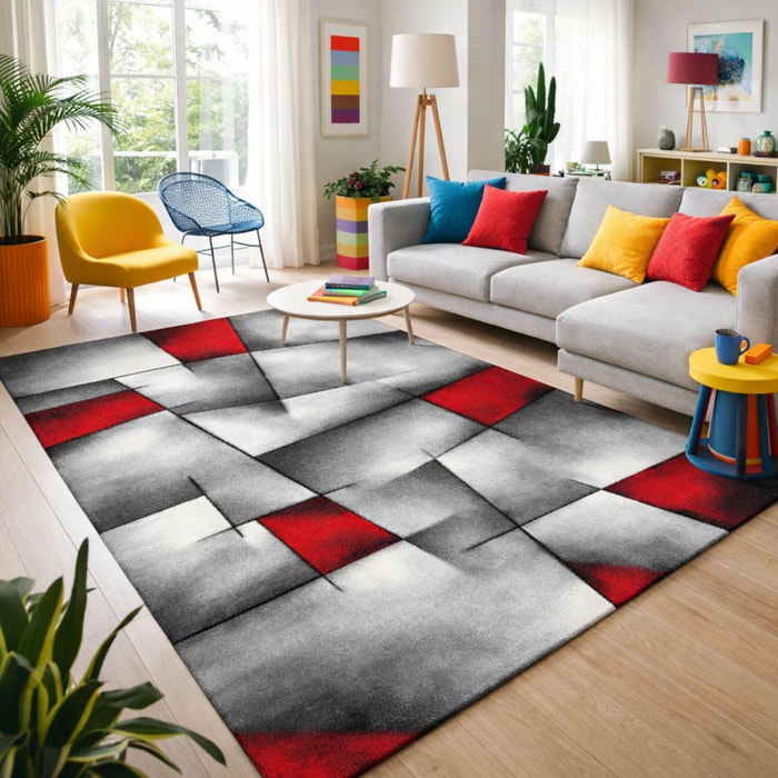Tapis Rahi gris et rouge aux motifs géométriques