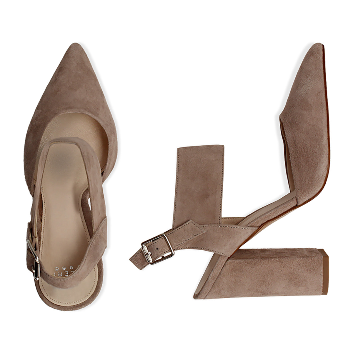 Slingback taupe in camoscio con maxi-fascia, tacco 10,50 cm