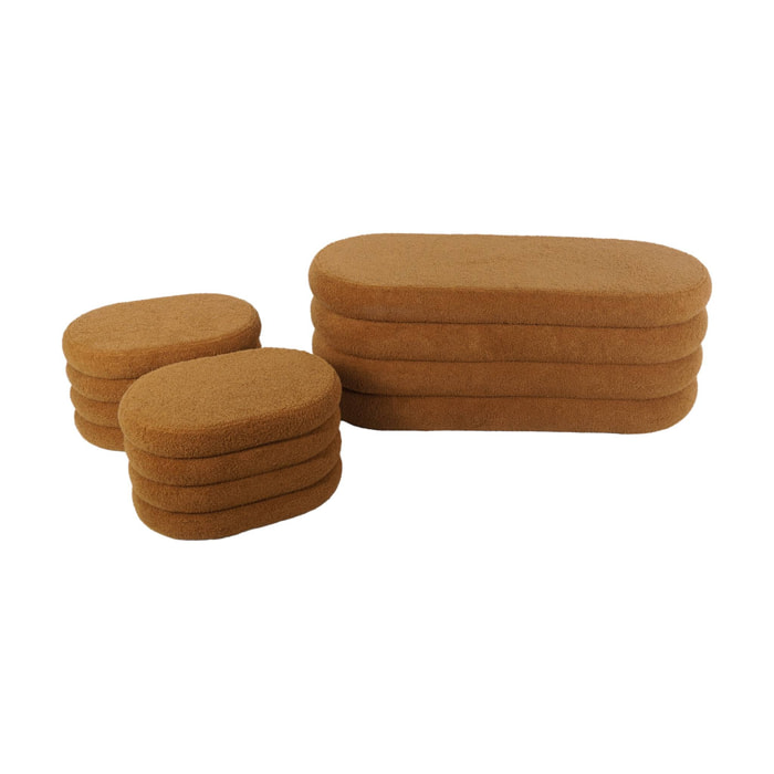 Banc coffre en bouclettes rouille avec 2 poufs ovales de rangement intégrés - L111cm