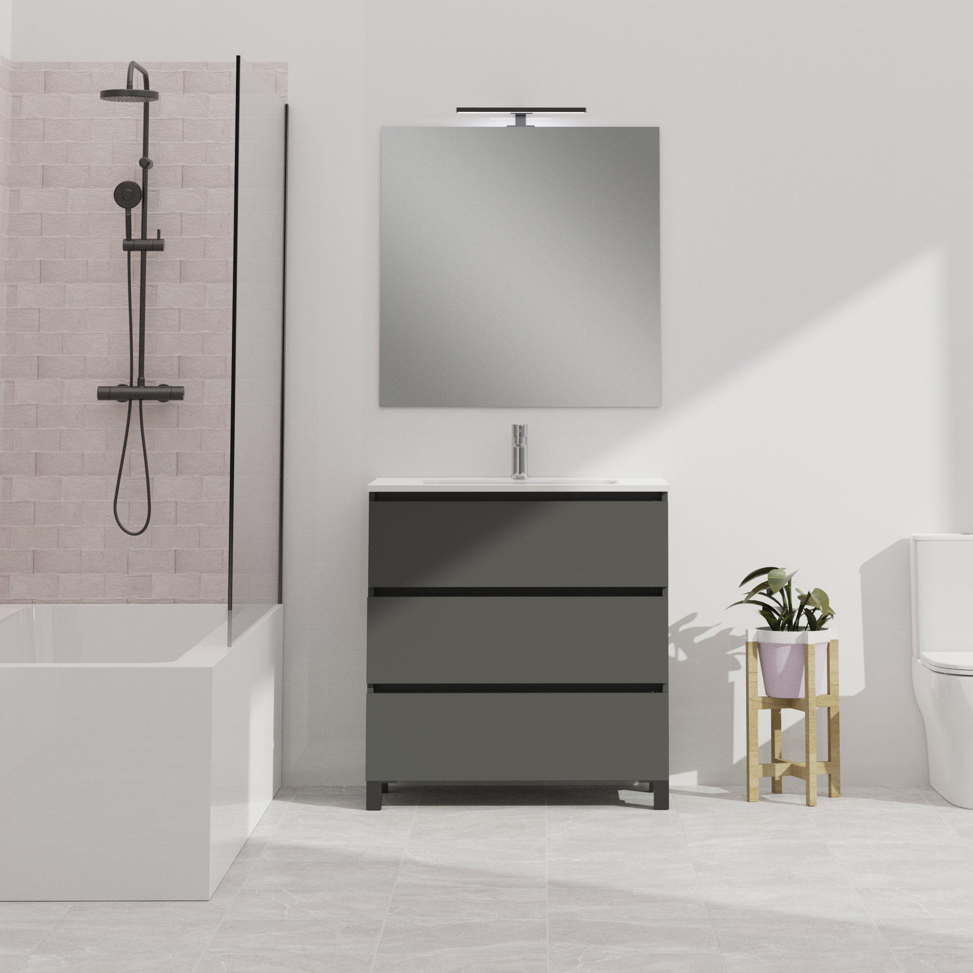 Ensemble De Salle De Bain Wink | 90 Cm Gris Mat | 3 Tiroirs | Vasque Ceramique | N'Inclut Pas Miroir | Mueble Montado | Alday