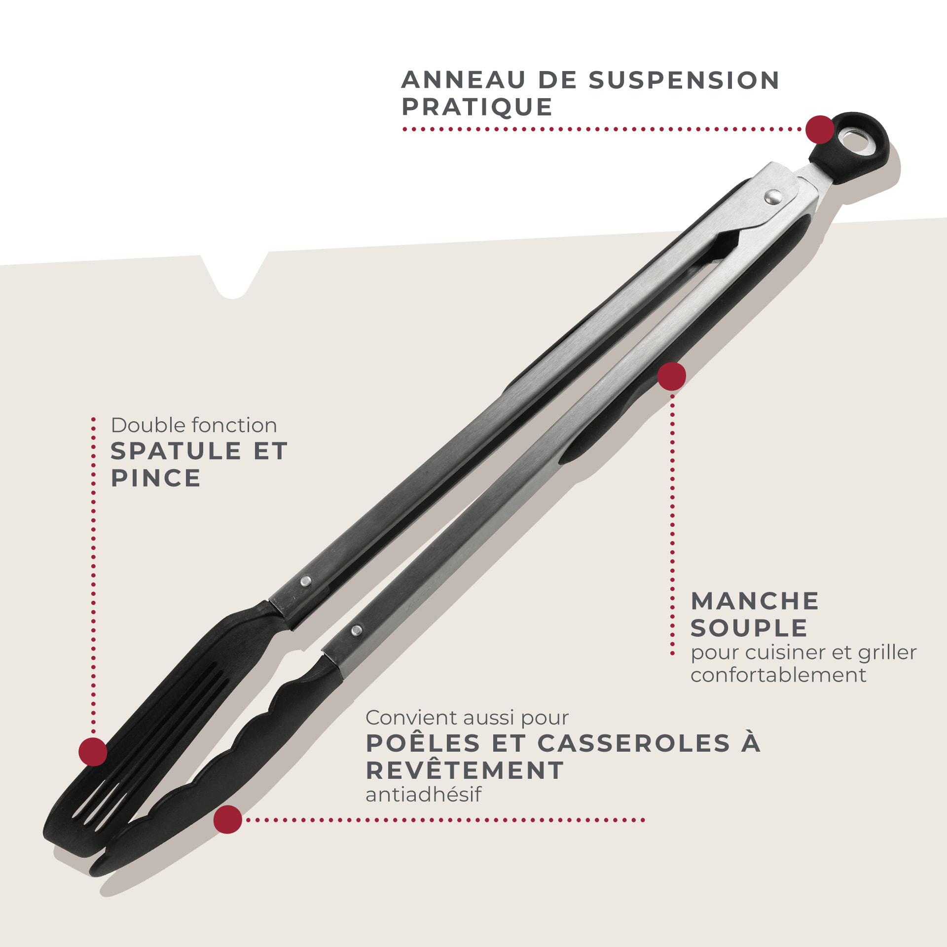 Ensemble de 2 Pinces de cuisine double embout 35 cm Fackelmann Penderie