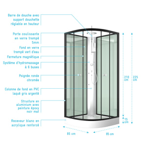 Cabine de douche 85x85x225cm 1/4 de cercle - ZEENY