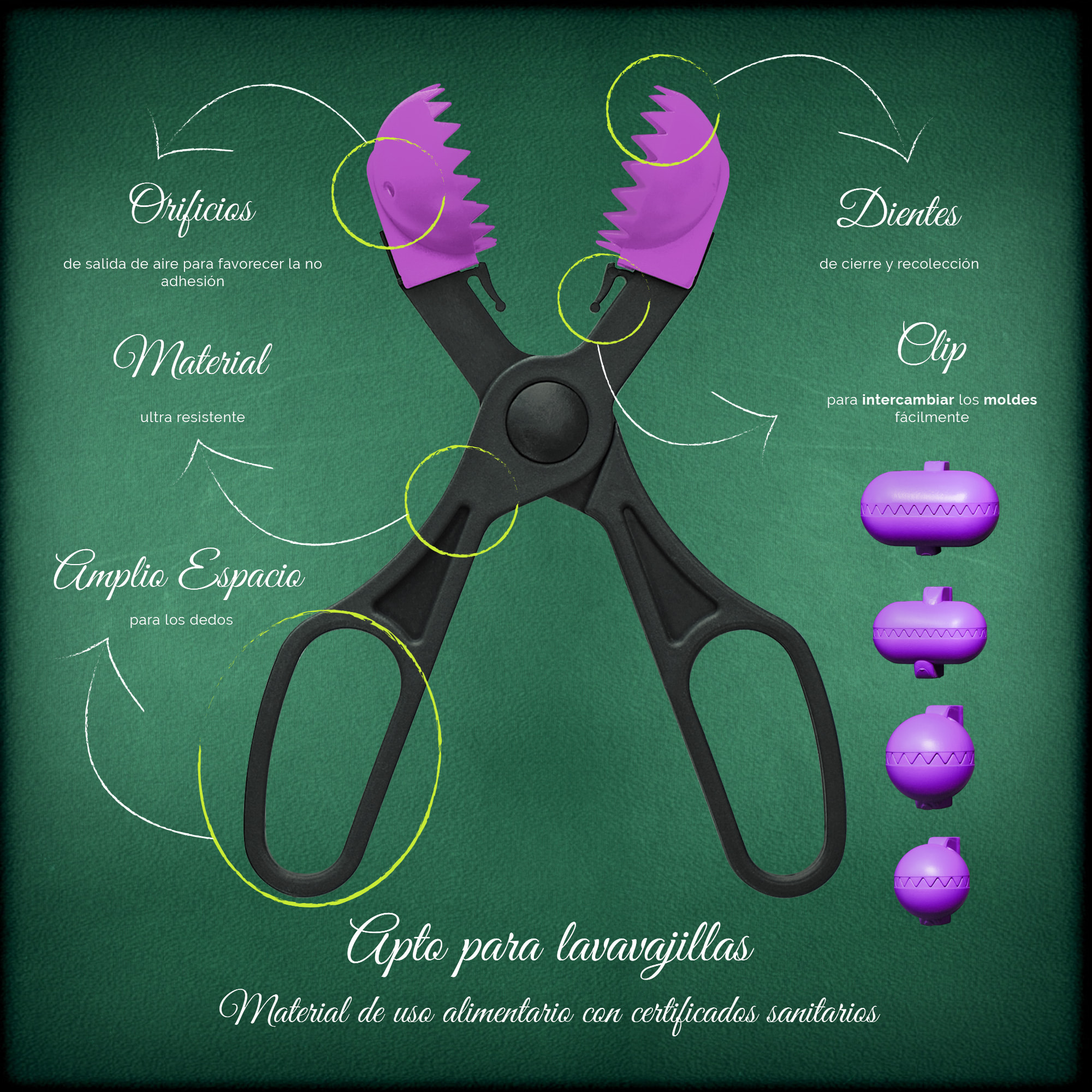 Pack utensilio multiusos con 4 moldes intercambiables color morado + 40 bandejas de conservación - La croquetera: patentado y fabricado en España