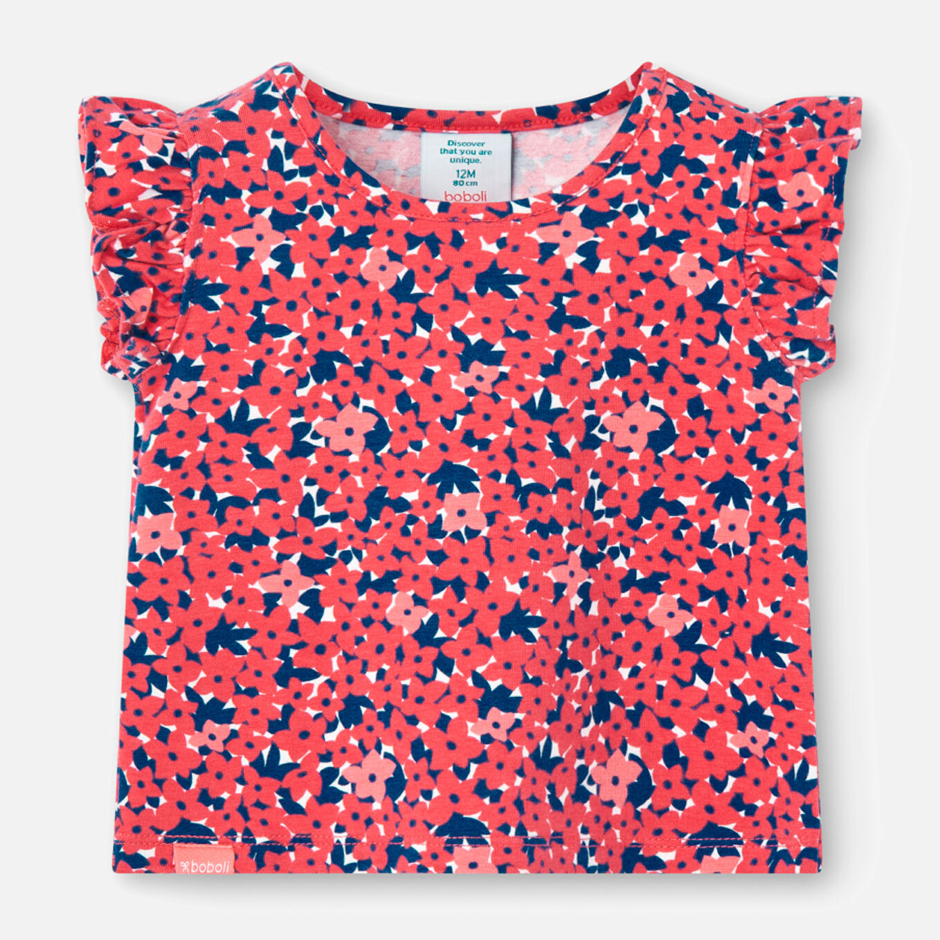 Camiseta niÃ±a, algodÃ³n estampada, flores, rosa, mangas