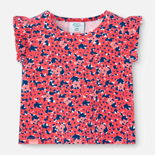 Camiseta niÃ±a, algodÃ³n estampada, flores, rosa, mangas