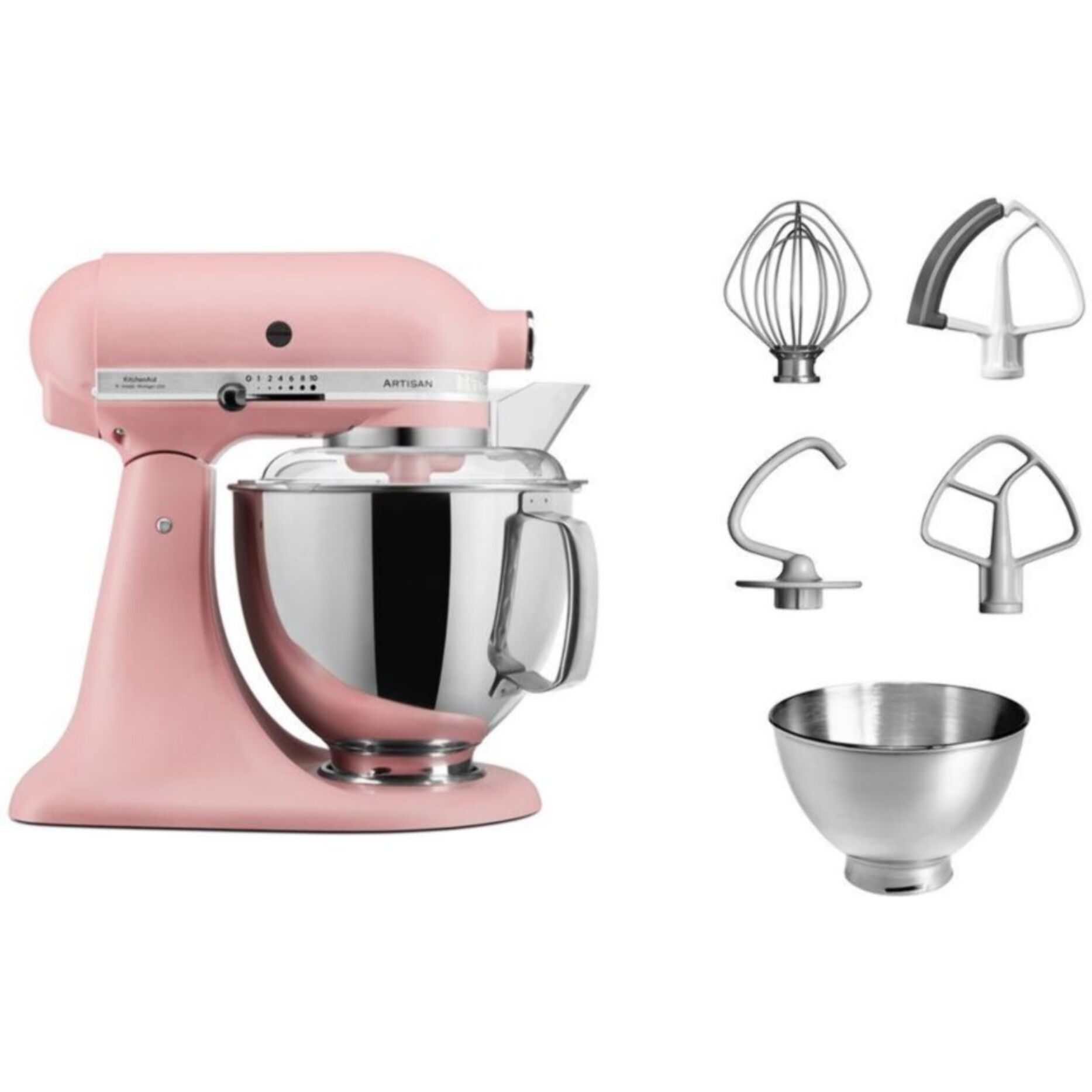 Robot pâtissier KITCHENAID 5KSM175PSEDR rose poudré, 4,8 L, bol avec poignée + bol 3 L, batteur souple et couvercle