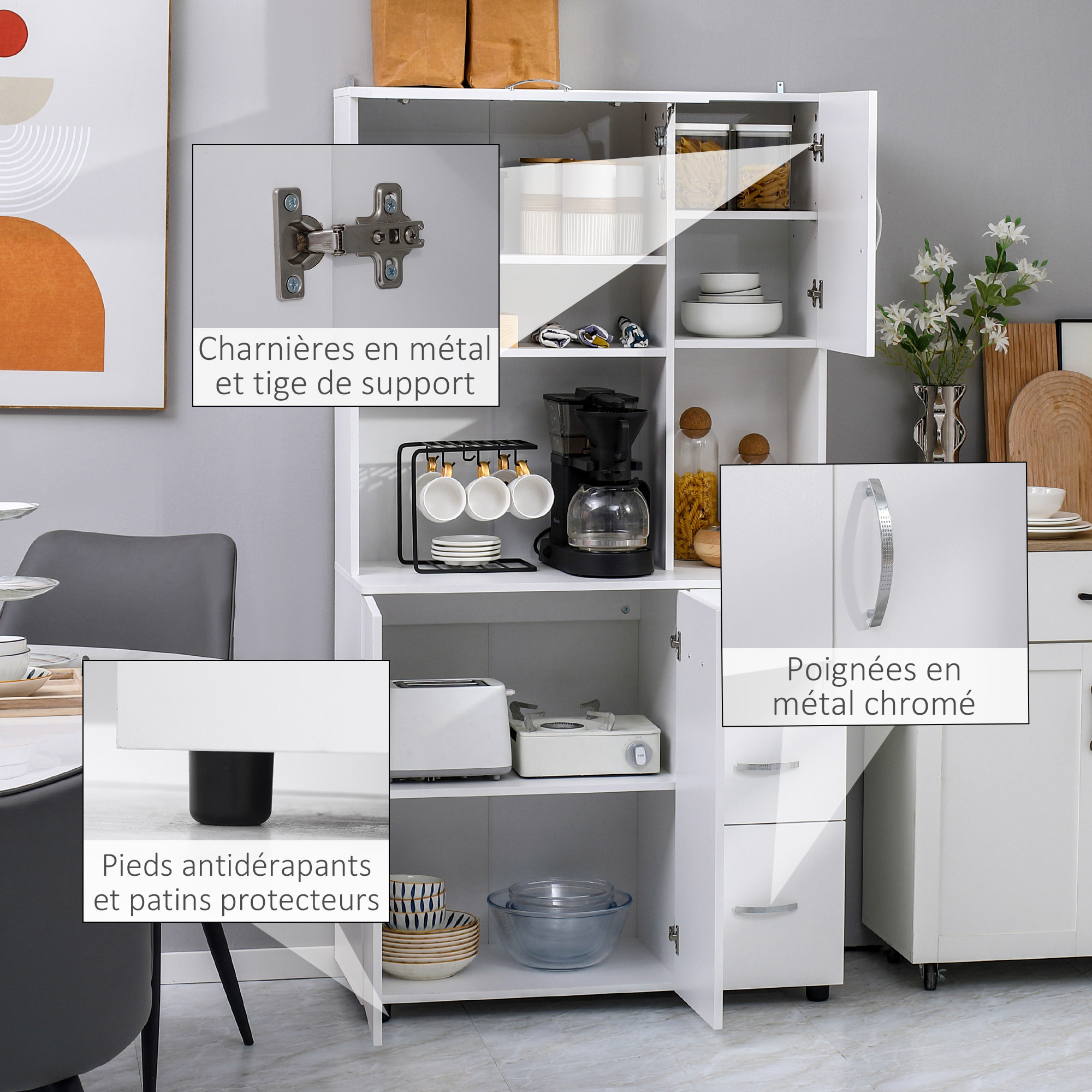 Armoire de cuisine multi-rangement 4 portes 3 tiroirs étagère + grand plateau 89L x 39l x 168H cm MDF blanc