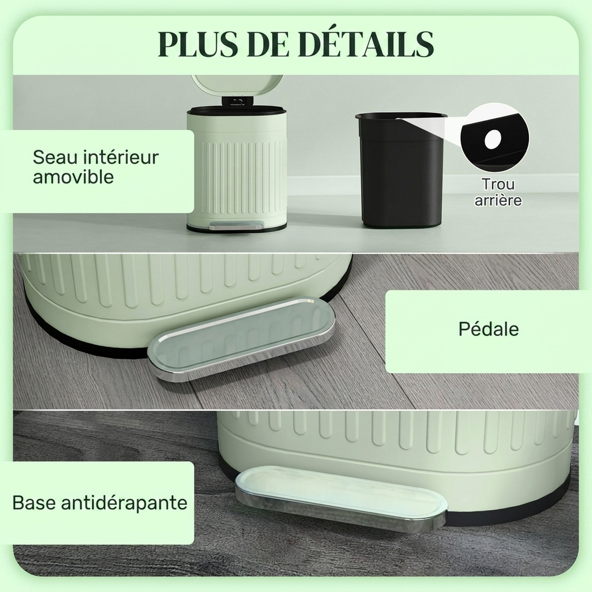 Poubelle à pédale design ovale métal ondulé 20L vert sauge clair