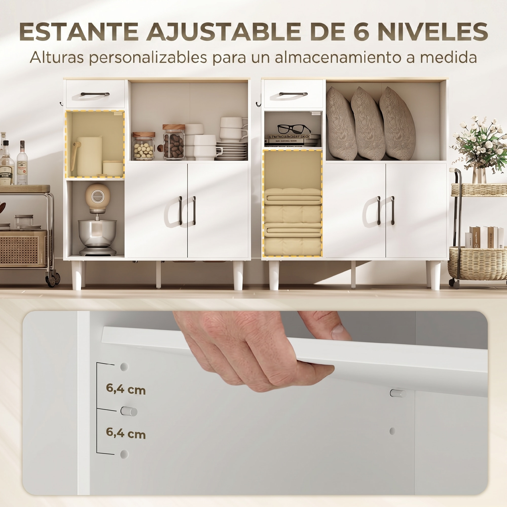 Aparador, Armario de Cocina Moderno con Puerta de Acrílico, Cajón, Estante Ajustable, Compartimento Abierto, Aparador para Cocina, Comedor, 80x34x91 cm, Blanco