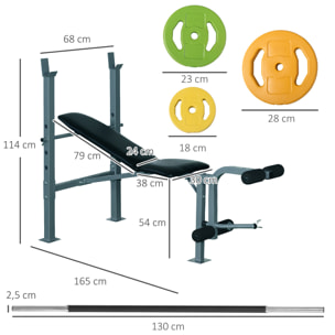 Conjunto de Banco de Pesas Multifuncional y Barra de Pesas con 6 Discos de Pesos Intercambiables para Entrenamiento Fuerza y Brazos en Gimnasio 165x68x114 cm 130x28x28 cm Multicolor