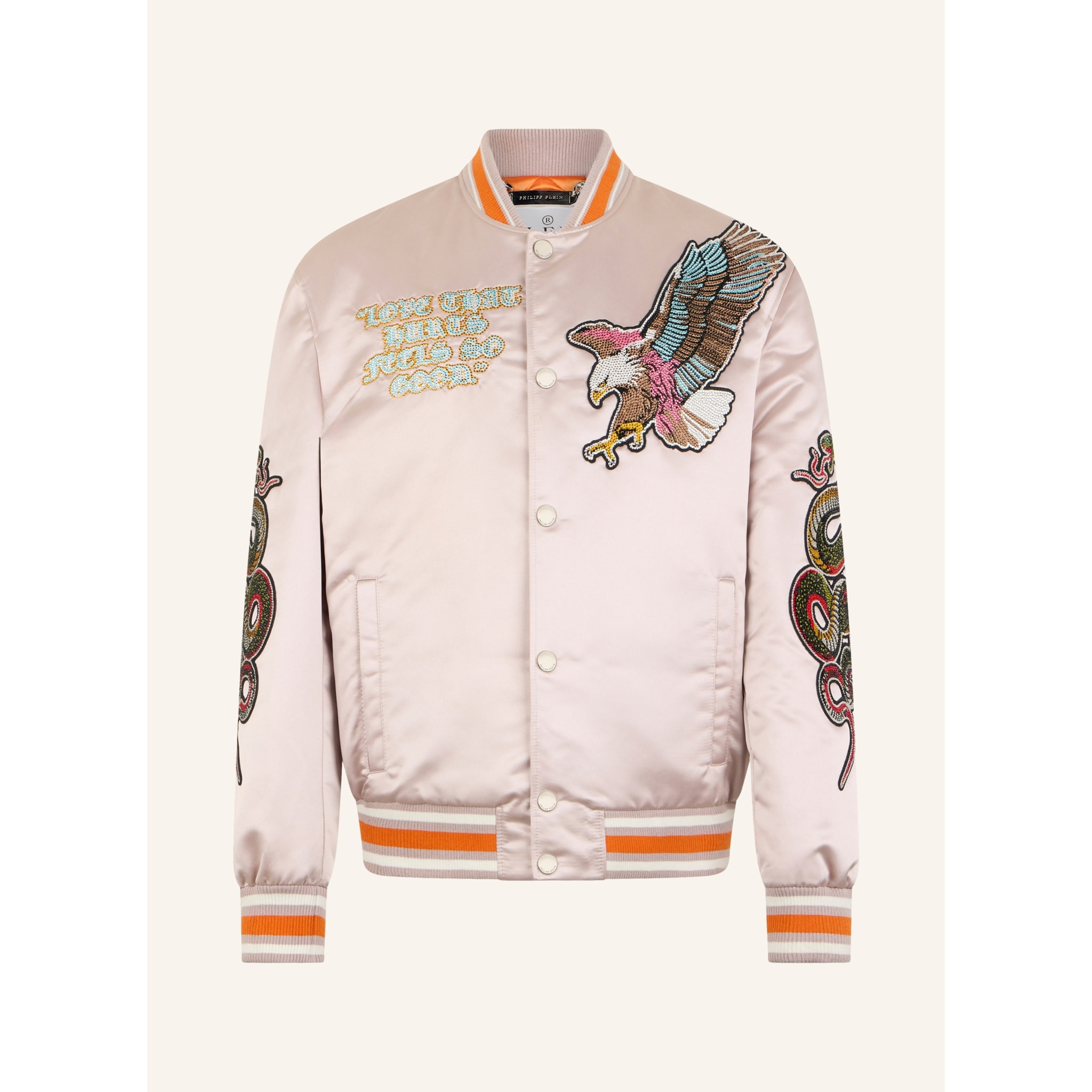 PHILIPP PLEIN Shiny Satin Bomber Tattoo Patches Strass