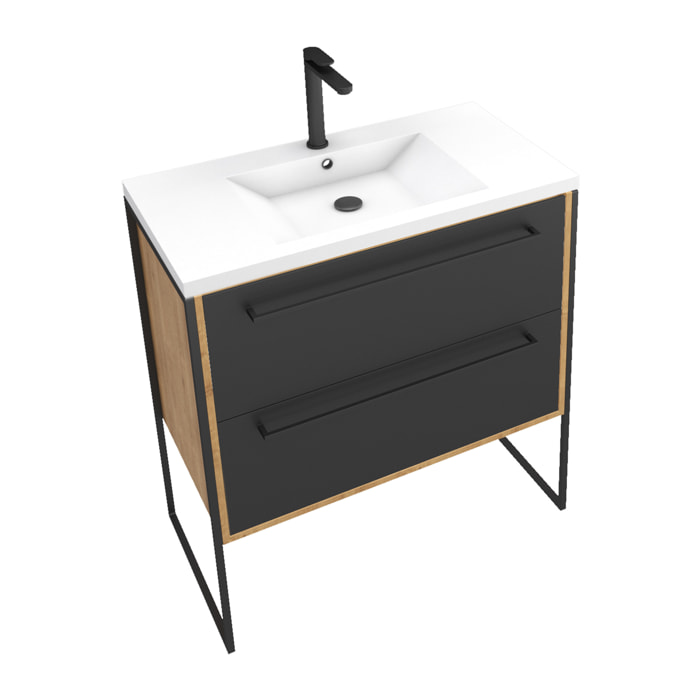 Meuble de salle de bain 80x50cm - vasque blanche 80x50cm - 2 tiroirs noir mat