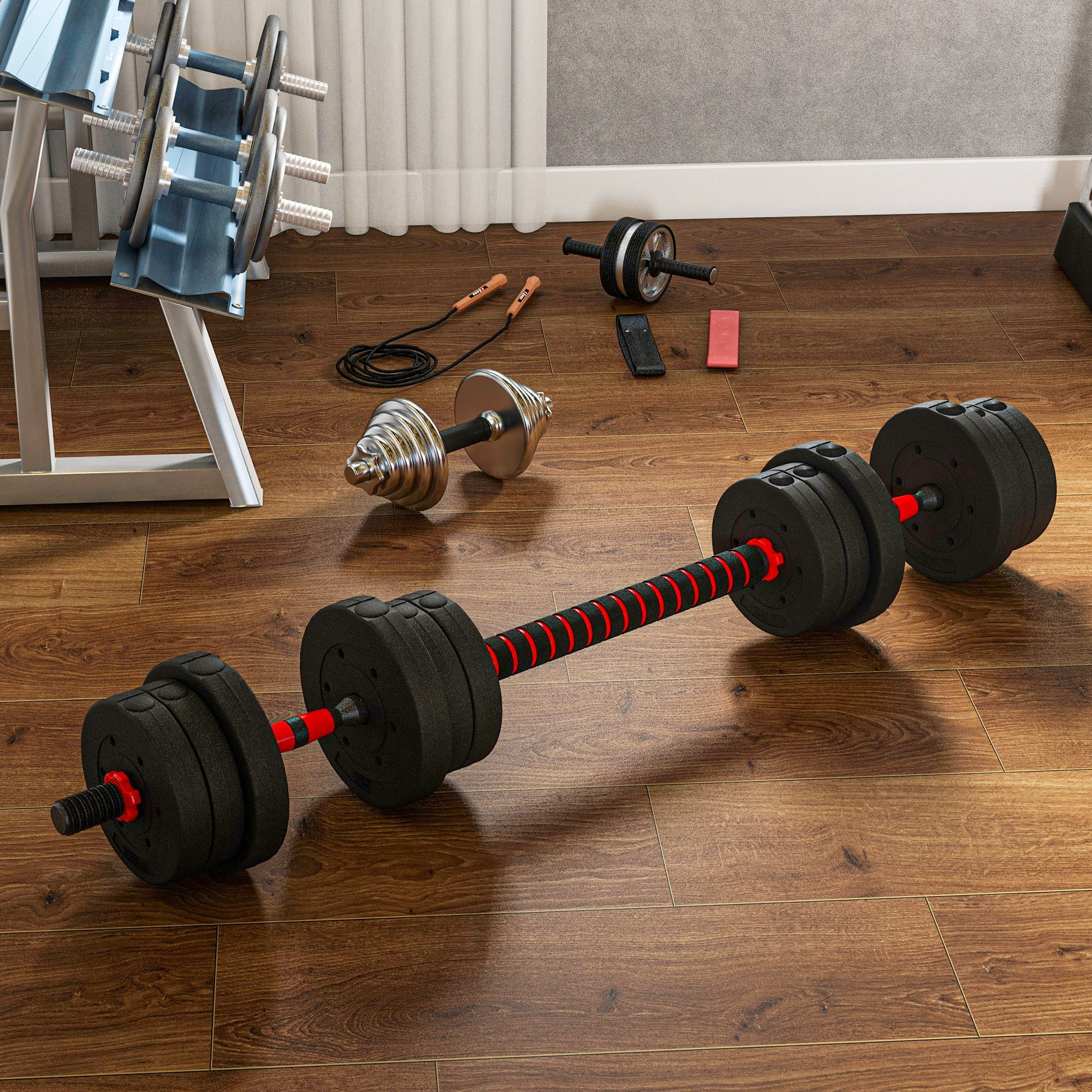 Ensemble d'haltères courtes total 20 Kg - barres incluses - entraînement musculaire & haltérophilie - acier HDPE noir rouge