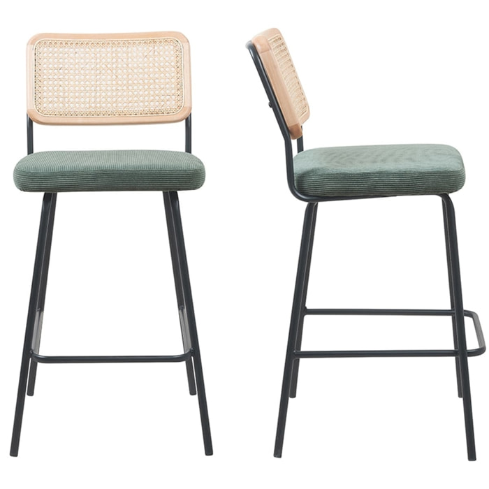 Lot de 2 tabourets de bar en cannage et velours côtelé - MUSE