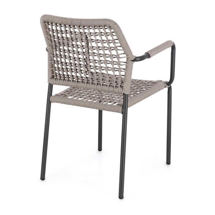 Set di 4 sedie con braccioli MIRANDA in alluminio antracite e corda beige, impilabili