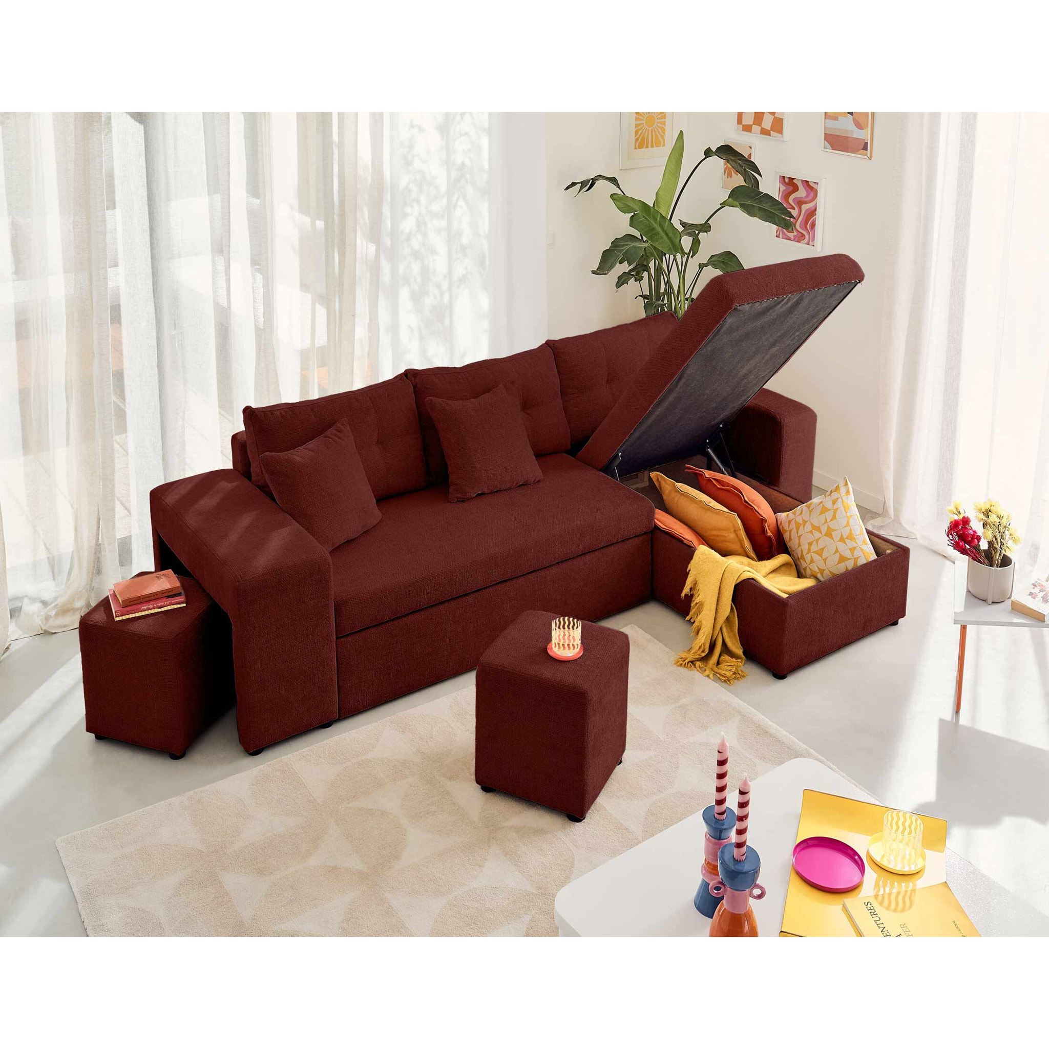 California - canapé d'angle réversible 4 places - convertible avec coffre, étagère et poufs - en velours texturé - Prune