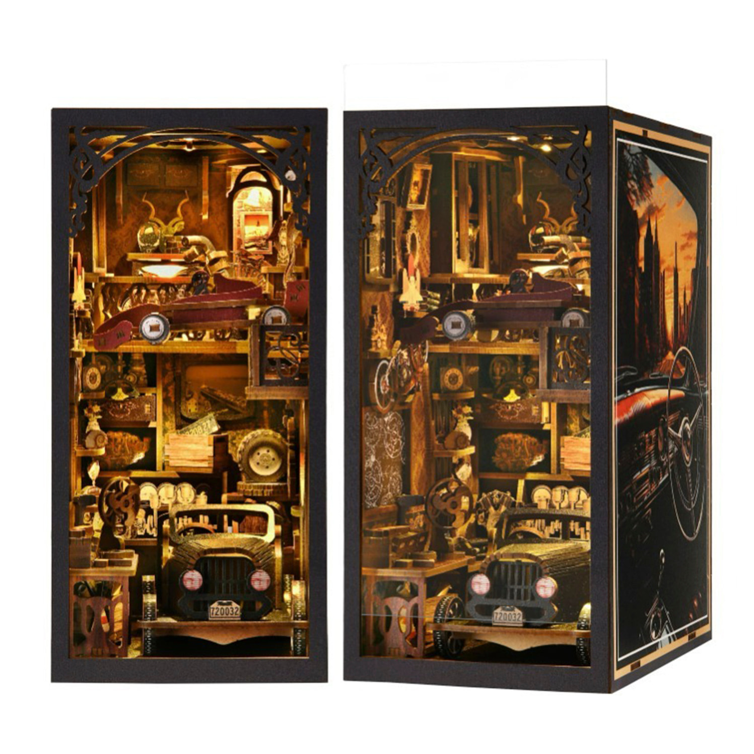 Coleccionistas de coches. Book Nook de madera, diseño 3D realista con gran detalle, cubierta y luces led. 455 piezas.