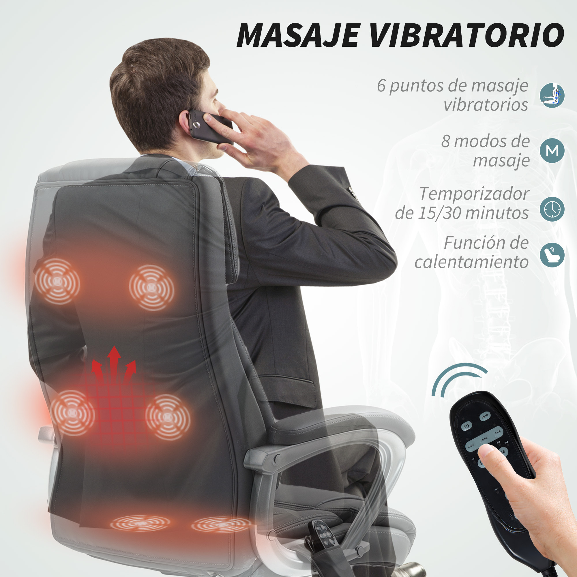 Silla de Oficina con Masaje de 6 Puntos Silla de Escritorio Giratoria con Función de Calefacción Altura Ajustable y Función de Basculante Mando a Distancia para Estudio Gris Oscuro