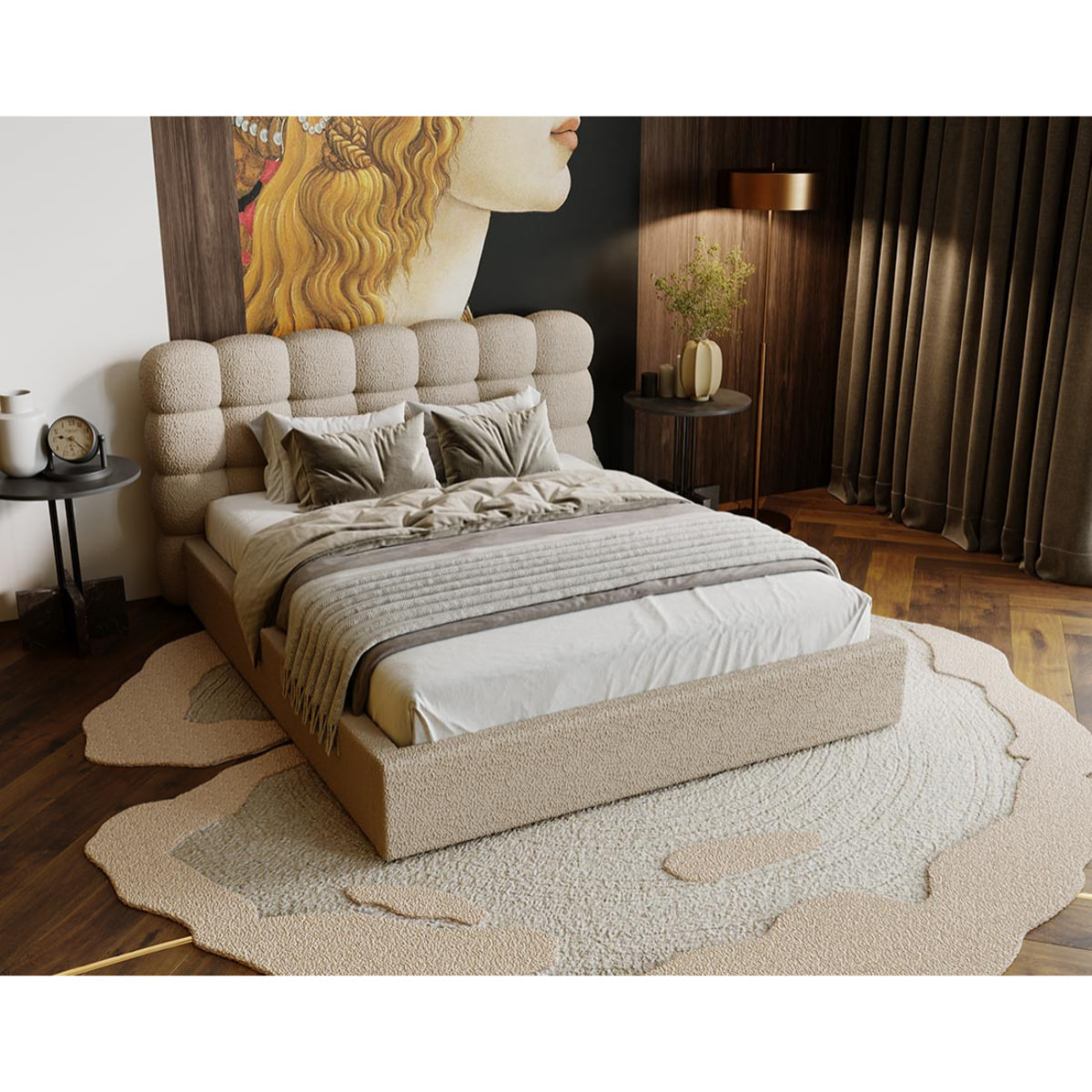Lotus - lit coffre - 160x200 cm - sommier inclus - en tissu bouclette - Taupe