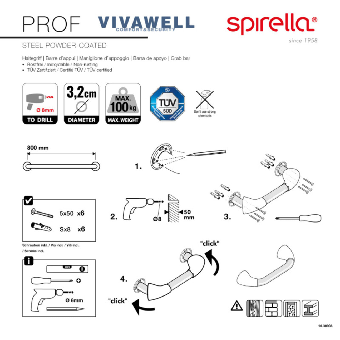 Barre de redressement ou d'appui PROF Acier Inox 80cm Blanc Spirella