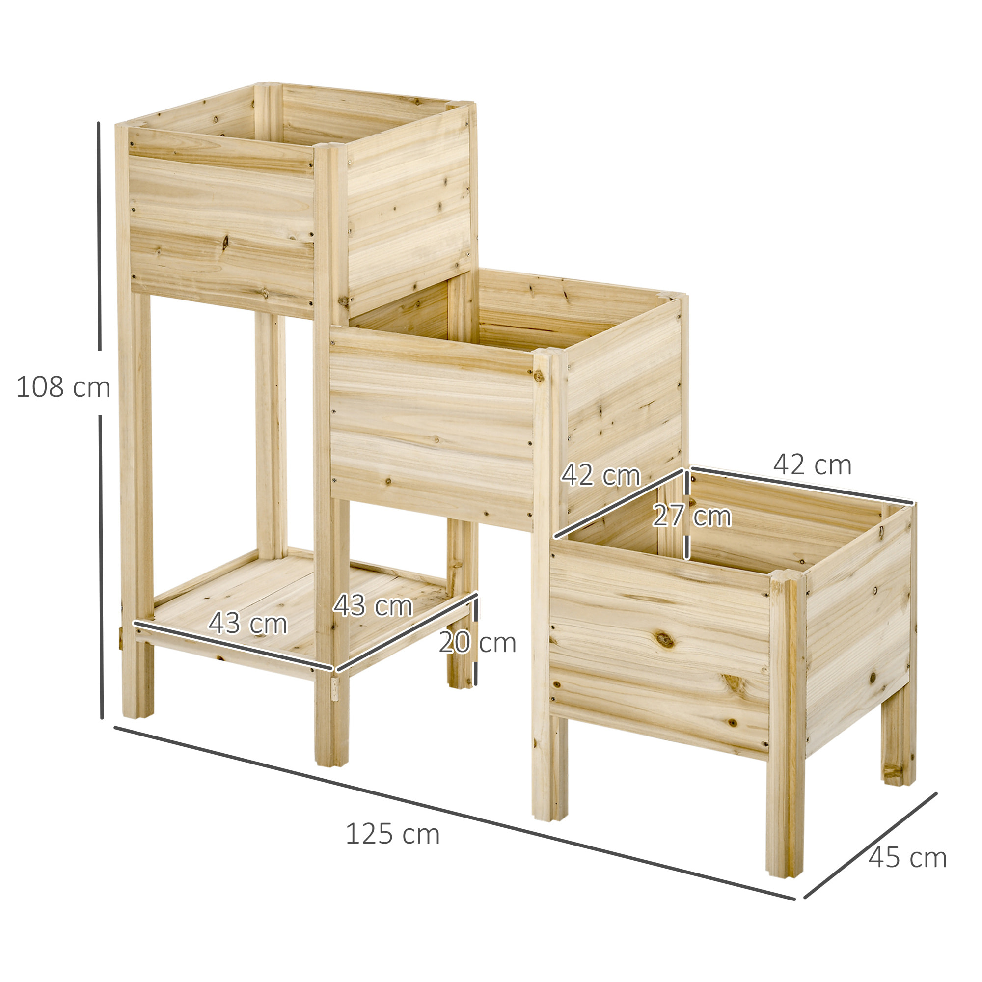 Jardinière sur pieds carré potager 3 étages dim. 125L x 45l x 108H cm inserts d'irrigation étagère bois sapin naturel