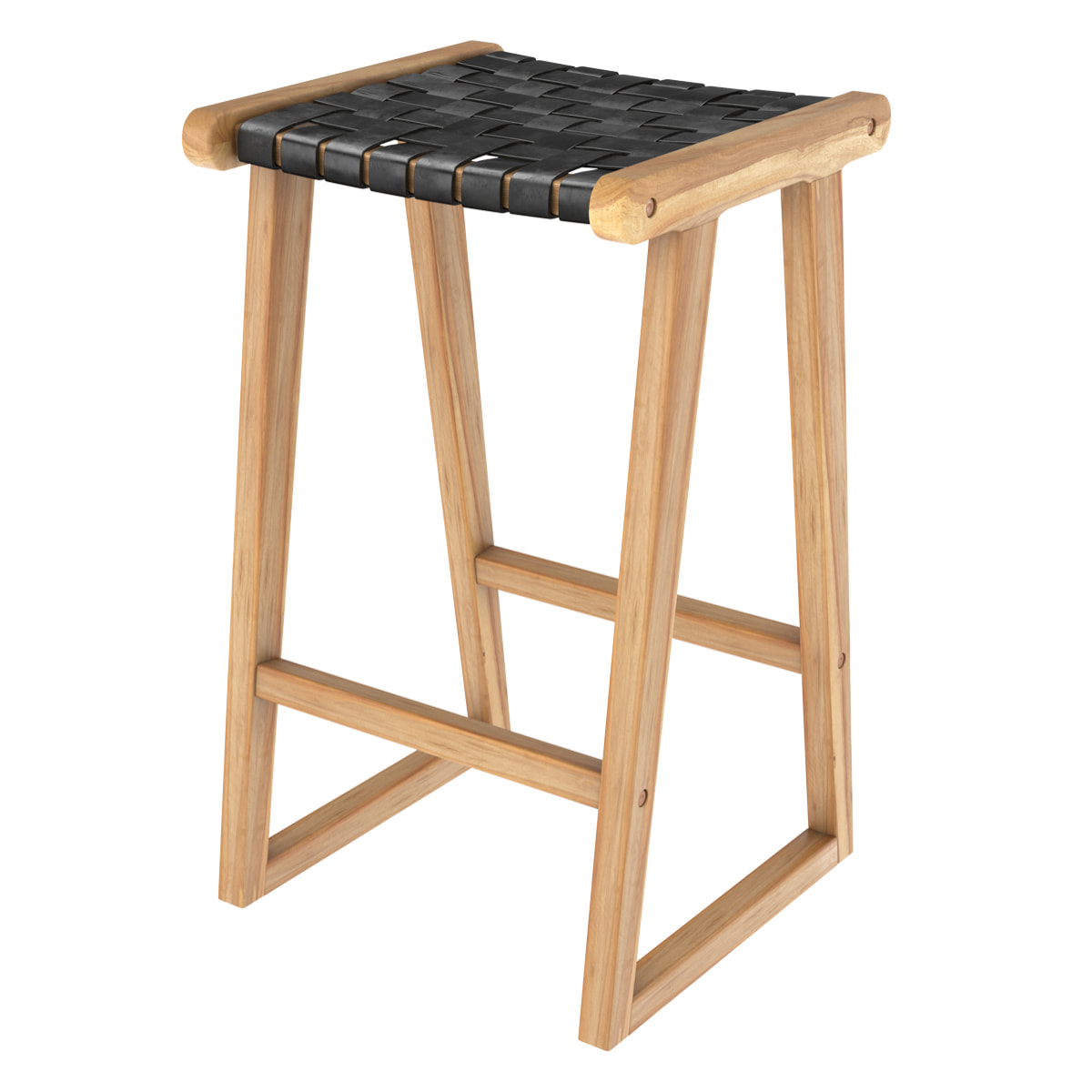 Tabouret de bar mi-hauteur Yuma en teck et cuir tressé noir