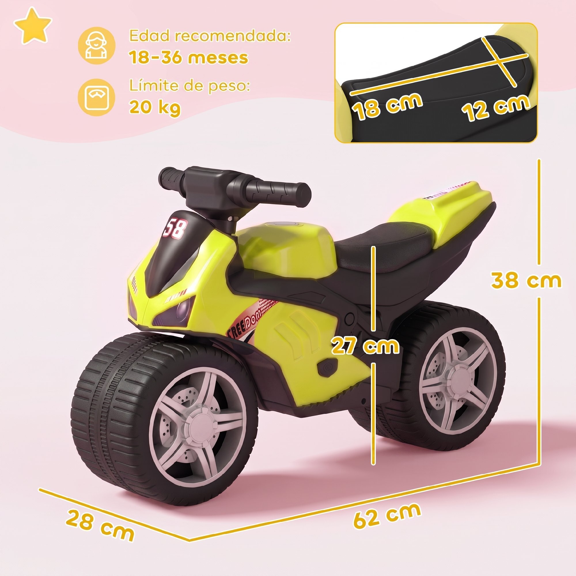 Bicicleta sin Pedales, Moto Correpasillos con Música y Ruedas Extra Anchas, Bicicleta de Equilibrio para Niños y Niñas de 18 a 36 Meses, Verde