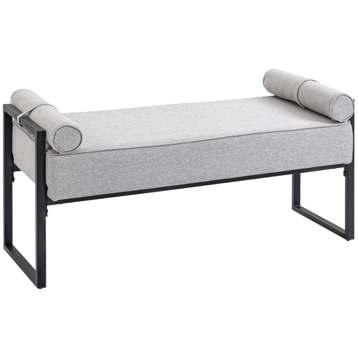 Banc banquette design contemporain 2 coussins traversins piètement acier noir tissu aspect lin gris