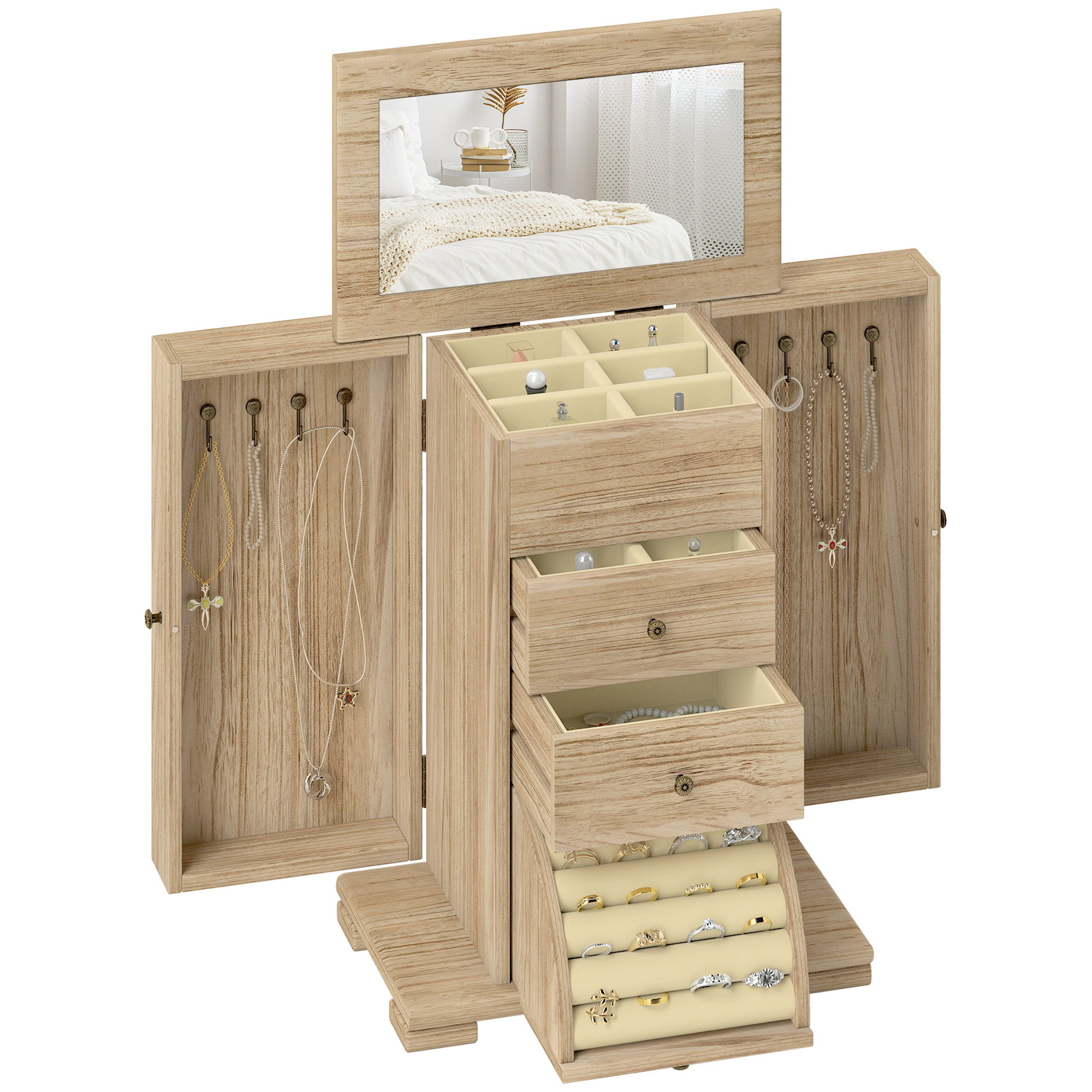 Caja Joyero de Madera de 4 Niveles Joyero Mujer Organizador Grande con 2 Cajones Espejo para Pendientes Anillos Collares Natural