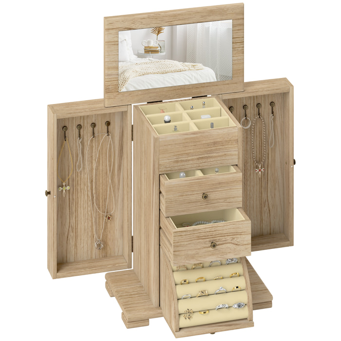 Caja Joyero de Madera de 4 Niveles Joyero Mujer Organizador Grande con 2 Cajones Espejo para Pendientes Anillos Collares Natural