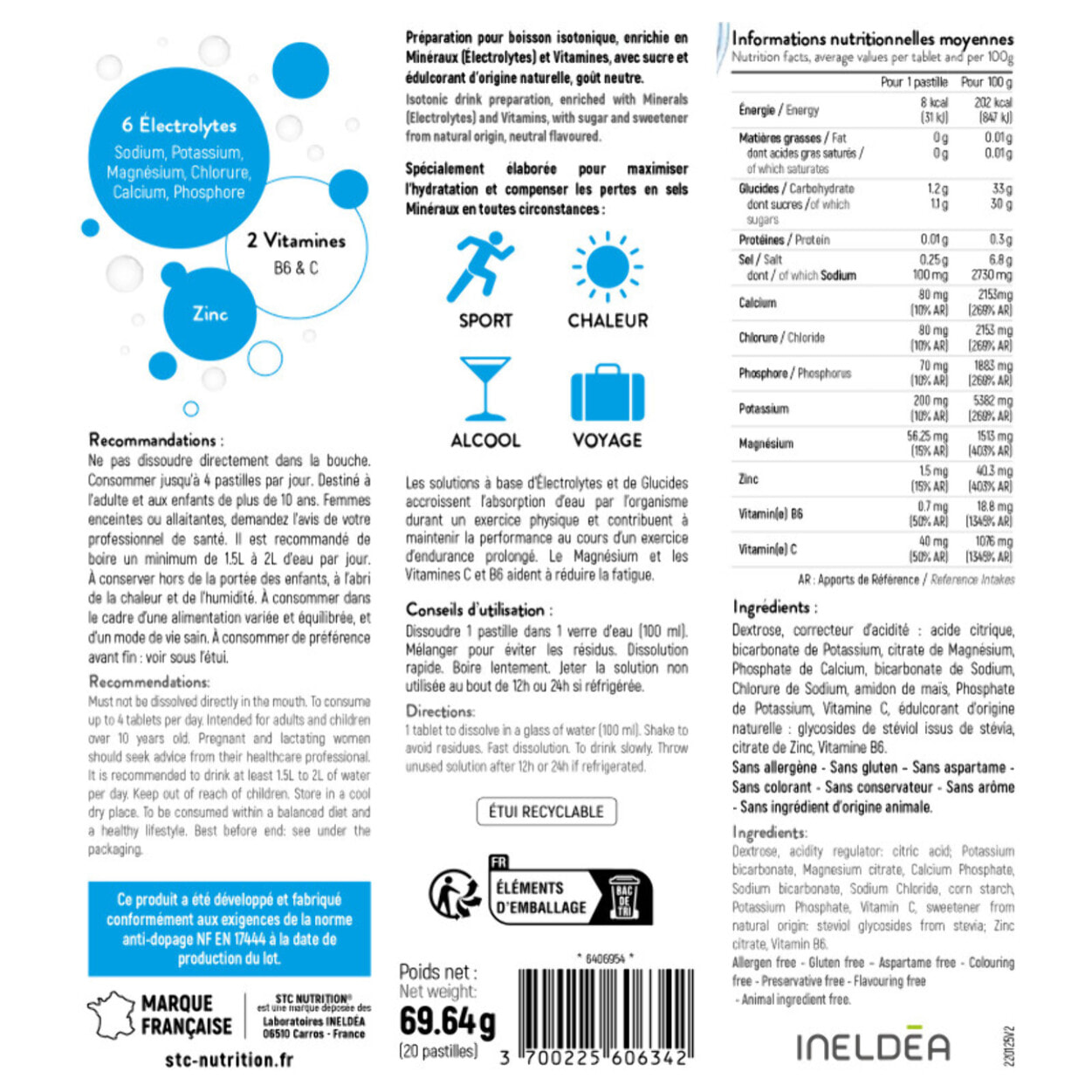 STC NUTRITION - Hydra+ - Préparation pour boisson isotonique à base d'Électrolytes, Vitamines, sucre et édulcorant naturels - Optimise l'hydratation - Neutre - Lot de 3