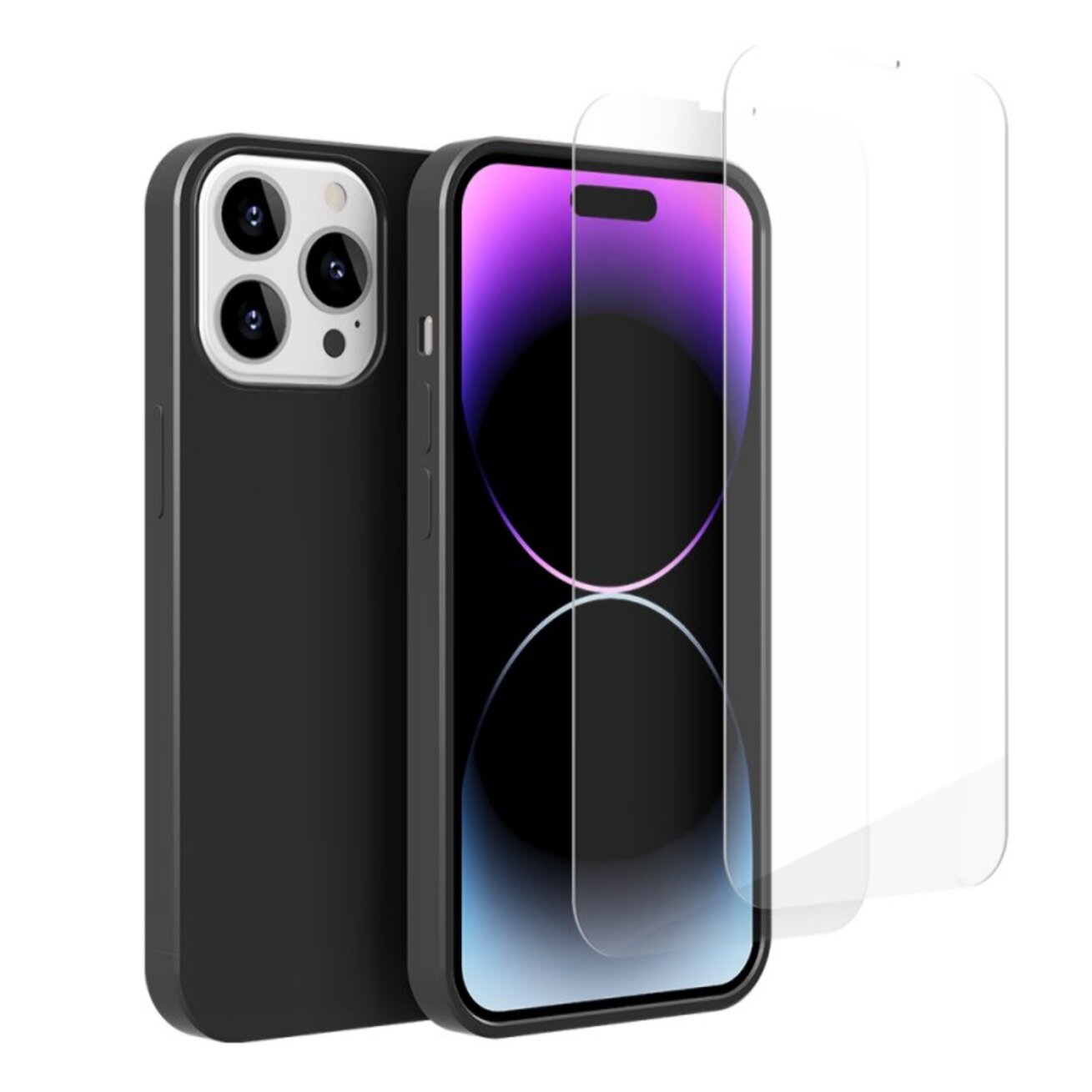 Coque iPhone 14 Pro Silicone liquide Noire + 2 Vitres en Verre trempé Protection écran Antichocs