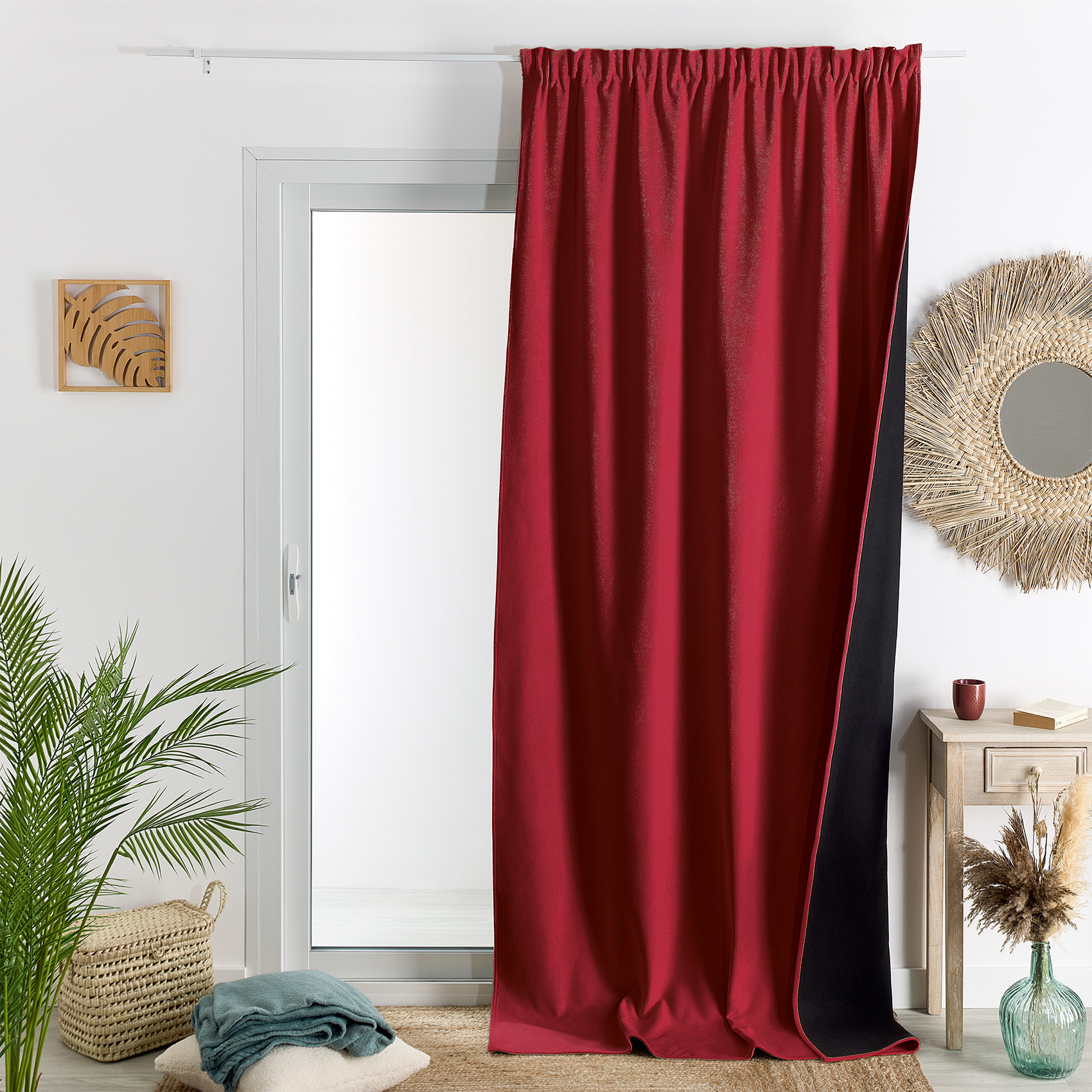 Rideau thermique phonique et semi occultant à galons fronceurs KONFOR - Rouge