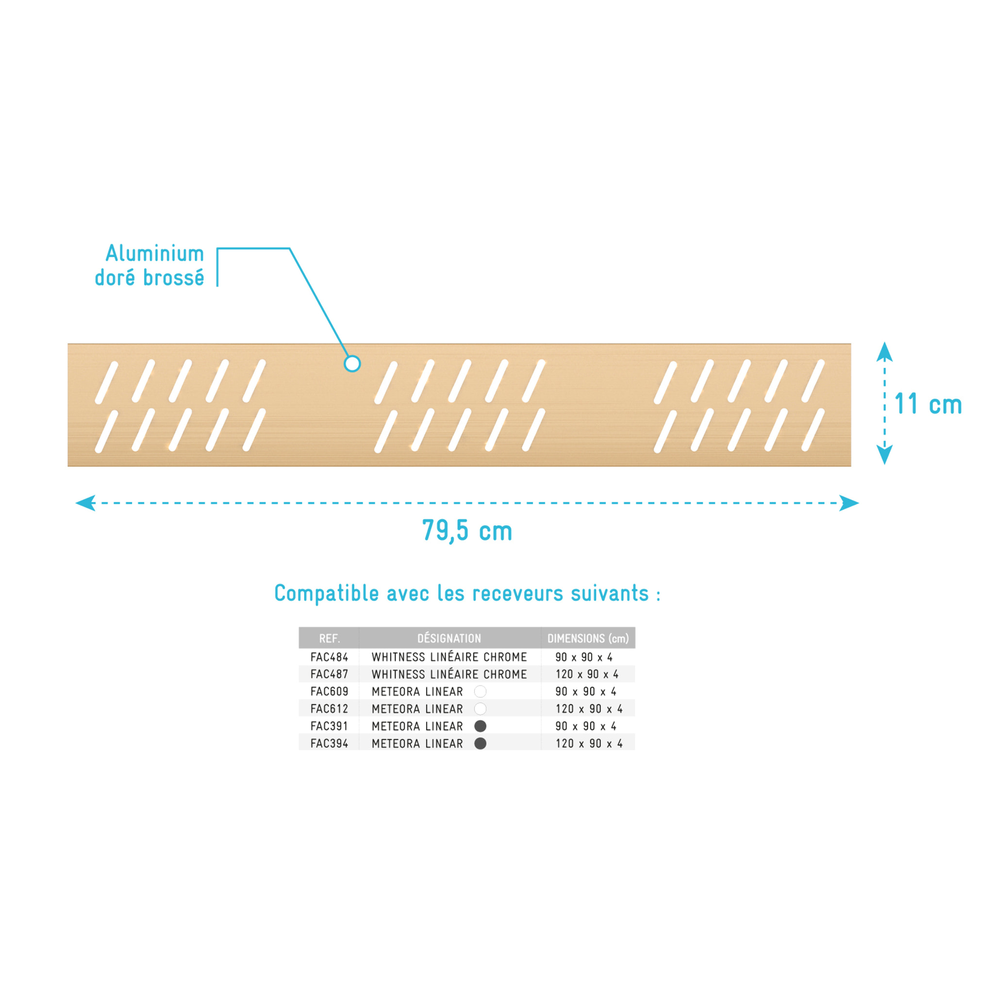 Grille linéaire en Aluminium finition Or Doré Brossé pour receveur - 79.5x11x0.2cm - GRID LINE GOLD