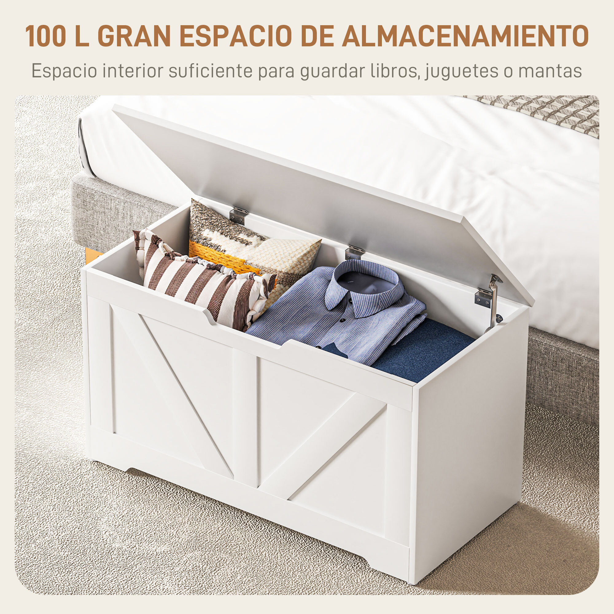 Baúl de Almacenaje para Dormitorio 100 L Banco de Almacenaje con Tapa Baúl de Almacenaje Versátil con Bisagra de Seguridad para Pasillo Salón 80x40x45 cm Blanco