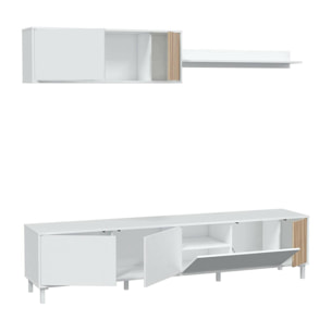 Parete attrezzata Banari, Armadietto soggiorno con ante, Armadio pensile con mensola, Credenza multiuso, 200x40h47 cm, Bianco e Rovere