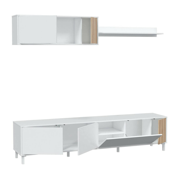 Parete attrezzata Banari, Armadietto soggiorno con ante, Armadio pensile con mensola, Credenza multiuso, 200x40h47 cm, Bianco e Rovere