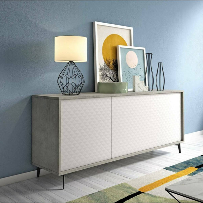 Credenza Fresia, Mobile buffet a 3 ante e 1 ripiano regolabile, Madia elegante da soggiorno, Mobile porta TV, 100% Made in Italy, Cm 184x45h77, Bianco e Cemento