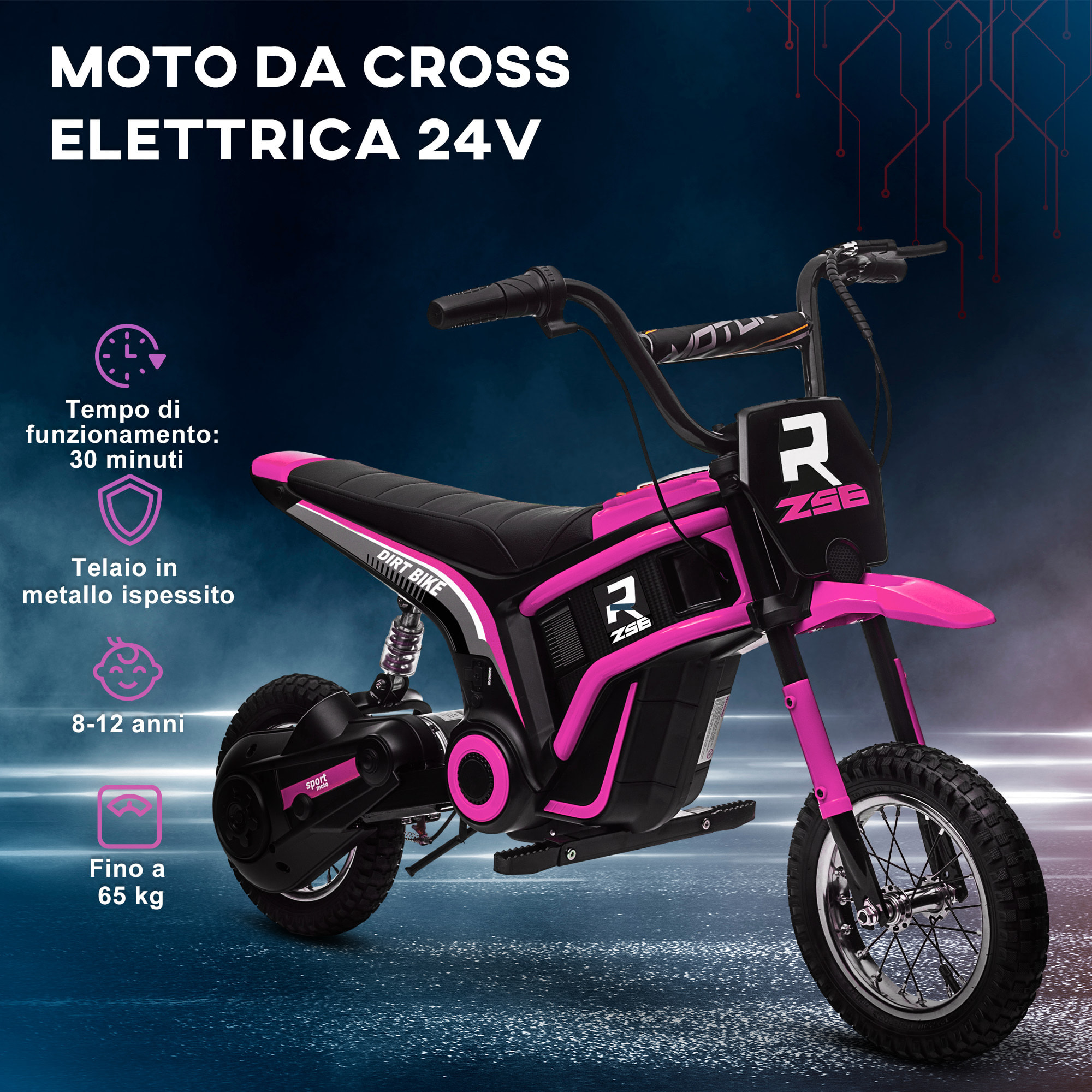 HOMCOM Moto Elettrica per Bambini con Acceleratore Manuale, 2 Velocità 8-16km/h, Età 8-12 Anni, Rosa