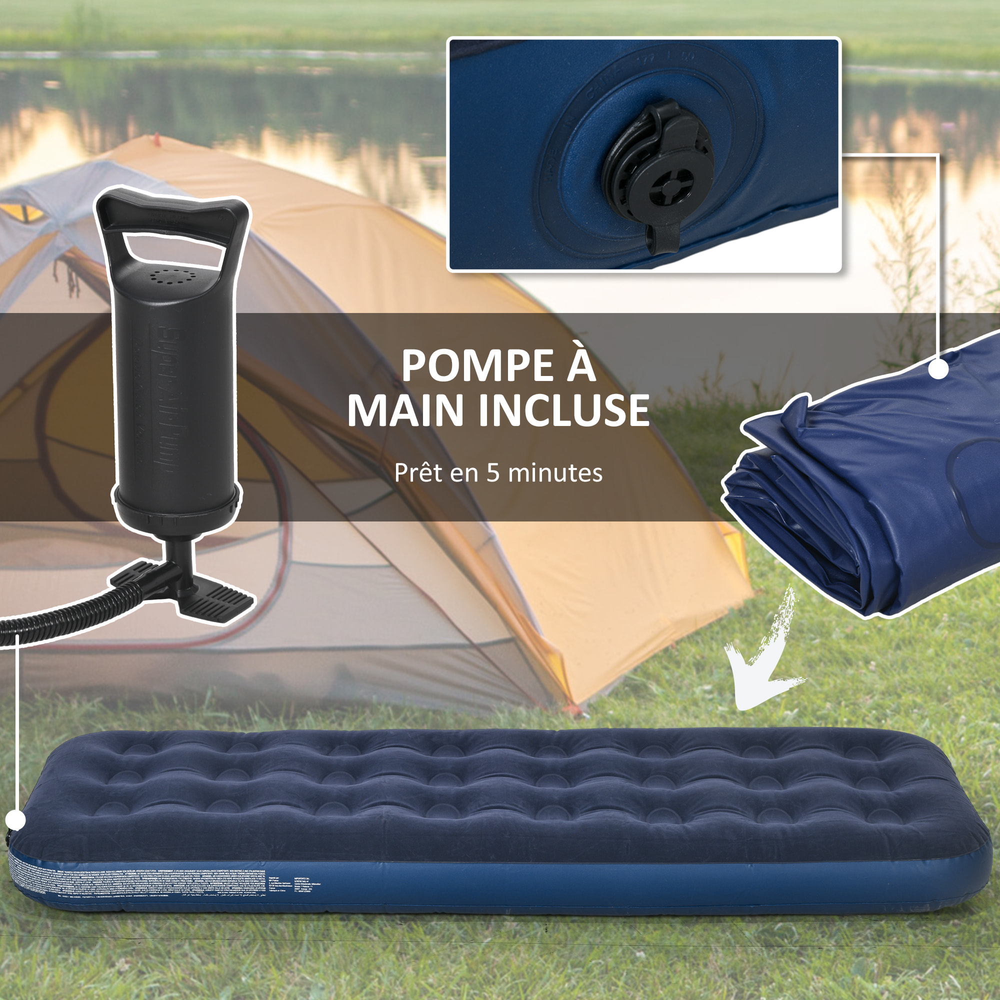 Matelas gonflable 1 personne lit pneumatique simple avec gonfleur manuel surface floquée bleu