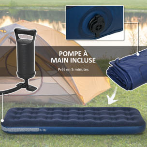 Matelas gonflable 1 personne lit pneumatique simple avec gonfleur manuel surface floquée bleu