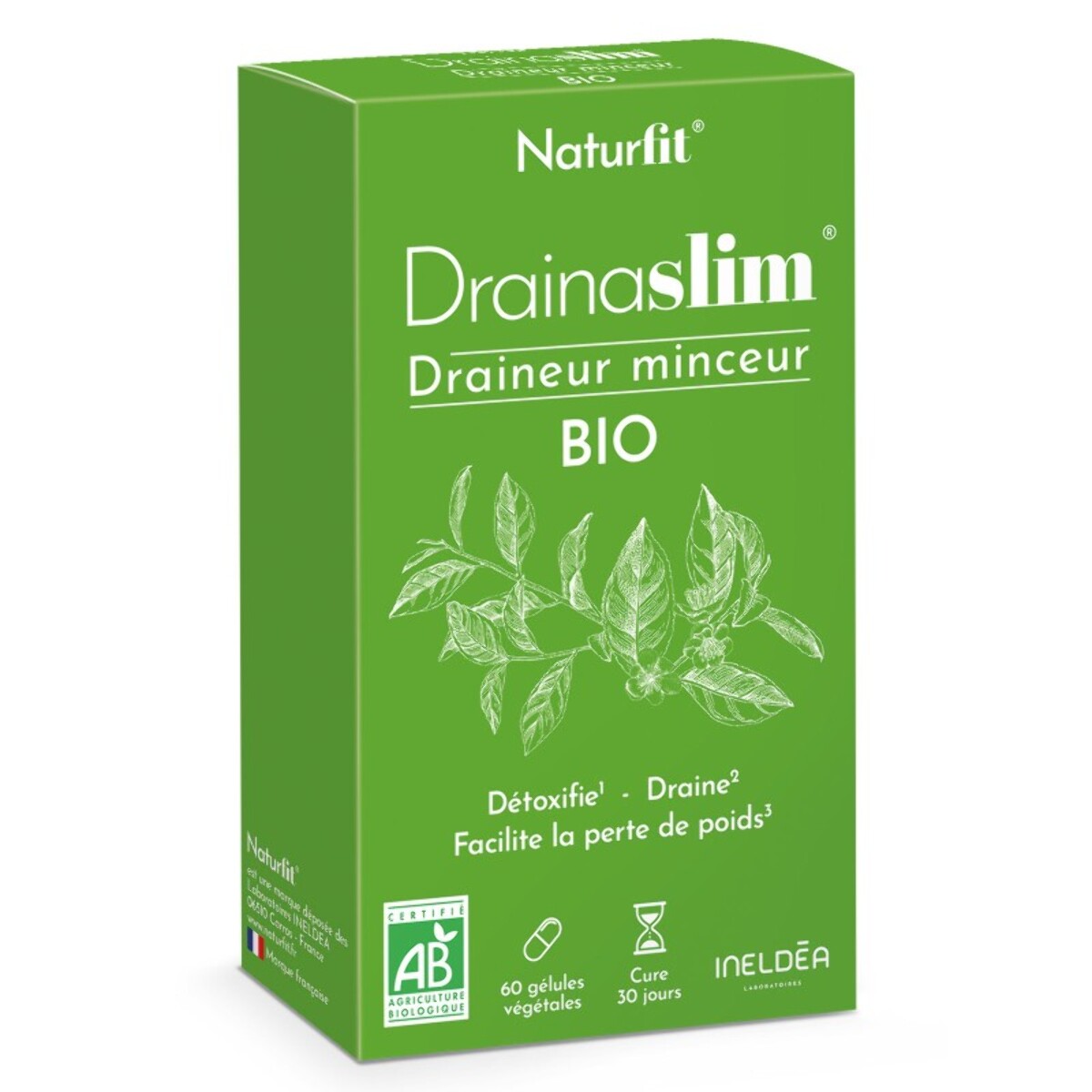 NATURFIT - Drainaslim - Complément alimentaire aux extraits de plantes BIO - Aide à drainer, détoxifier et faciliter la perte de poids - Sans gluten- Cure 30 jours - 60 gélules
