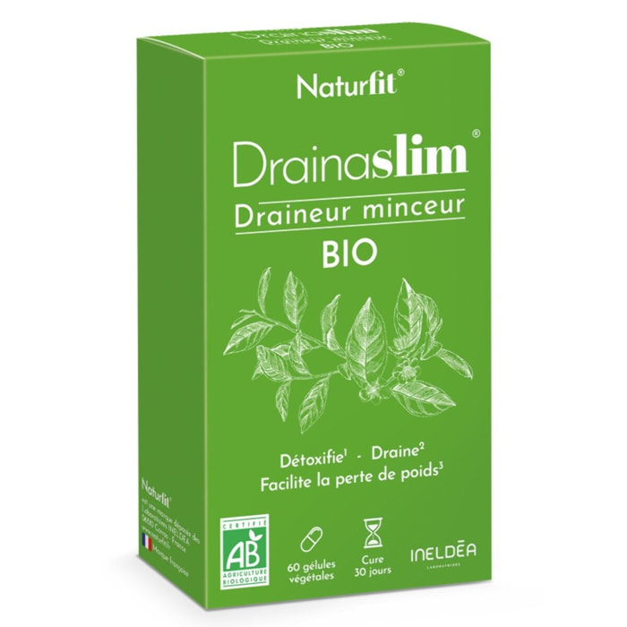 NATURFIT - Drainaslim - Complément alimentaire aux extraits de plantes BIO - Aide à drainer, détoxifier et faciliter la perte de poids - Sans gluten- Cure 30 jours - 60 gélules